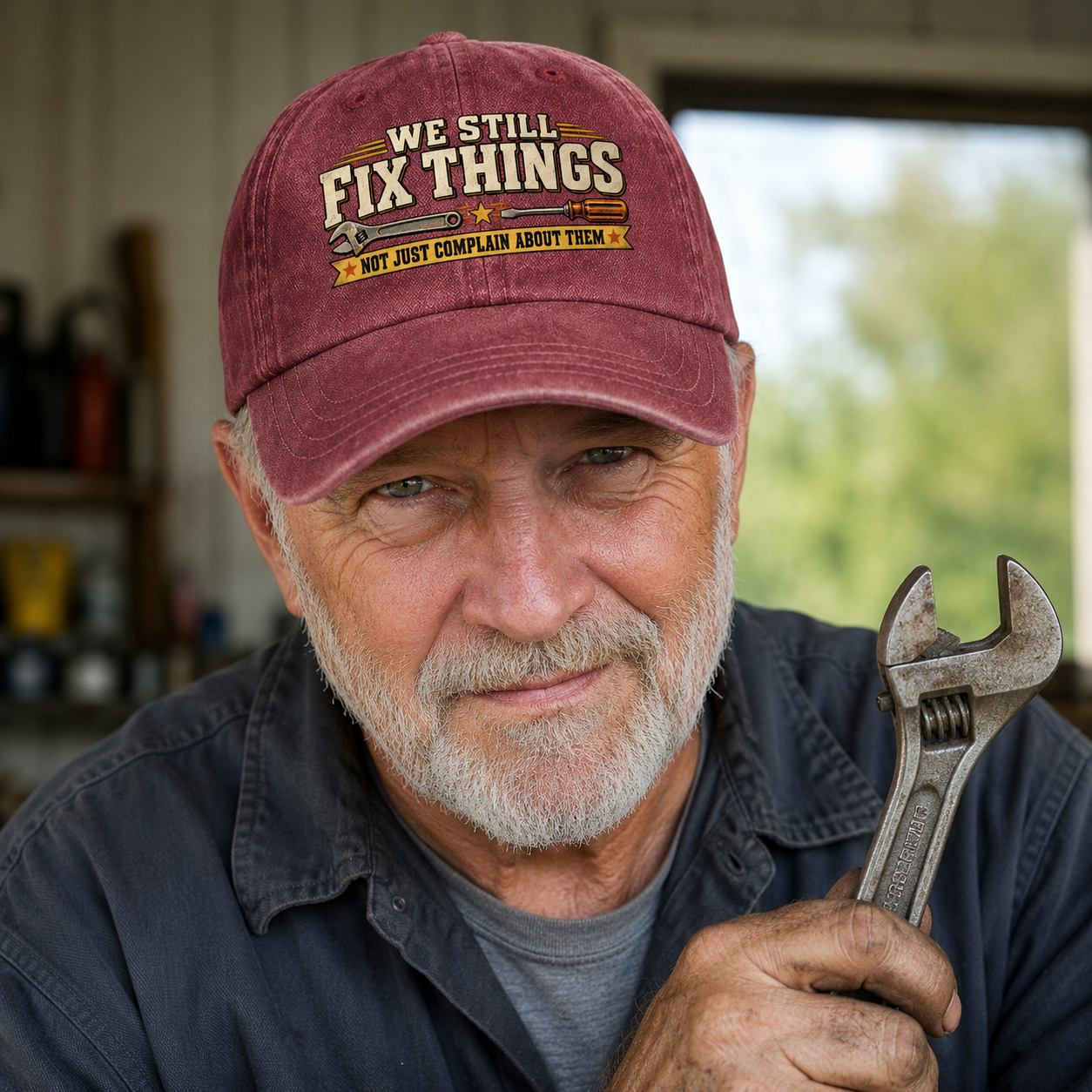 A smiling older man wearing a maroon baseball cap with the embroidered text 'WE STILL FIX THINGS BUT NOT COMPLAIN ABOUT THEM' holds an adjustable wrench in a workshop setting.