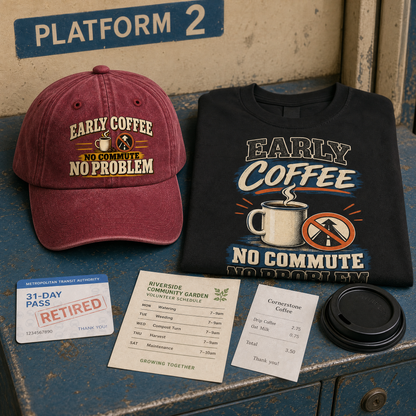 "Early Coffee. No Commute No Problem" Vintage Washed Cap