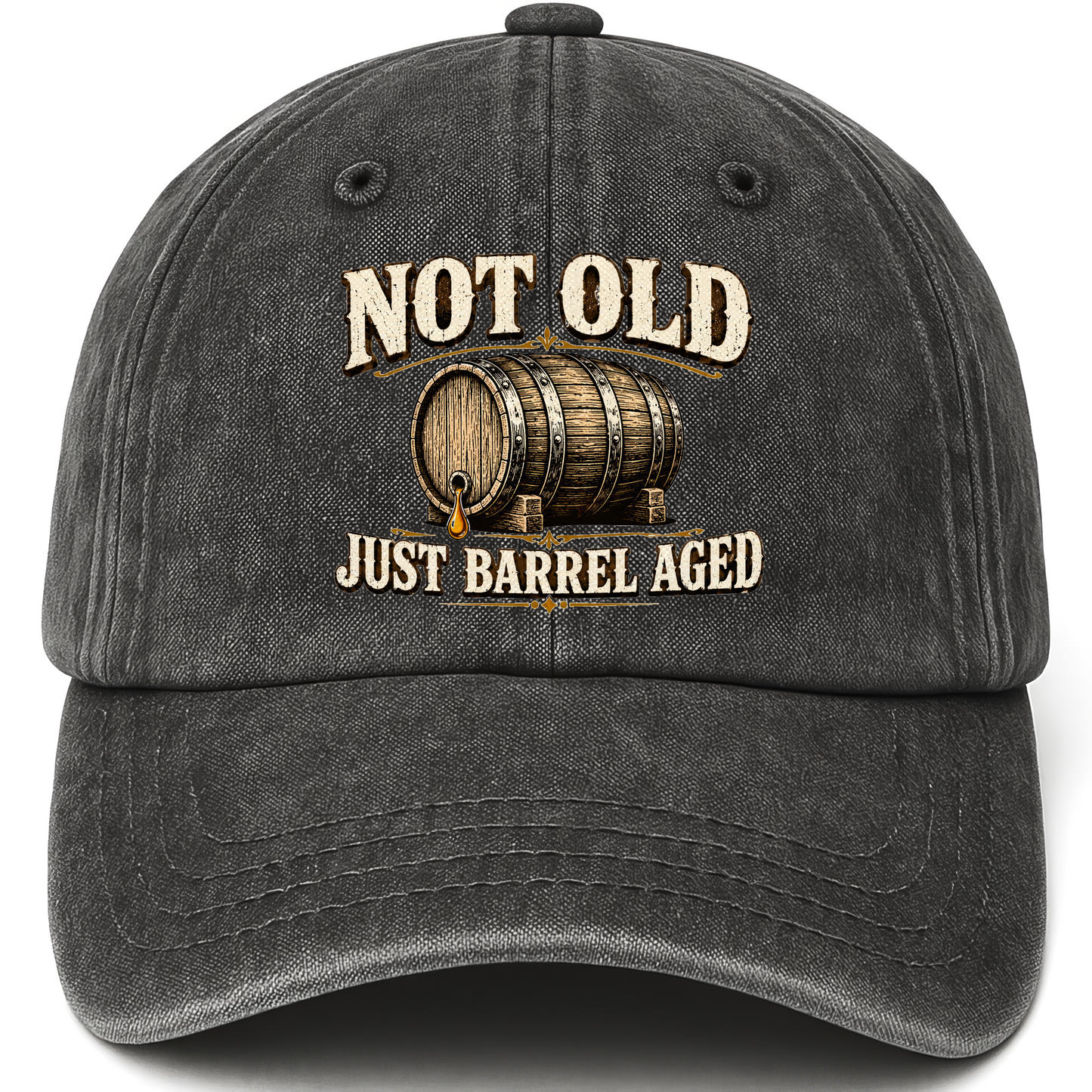 Black vintage washed cap with Not Old, Just Barrel Aged printed front design