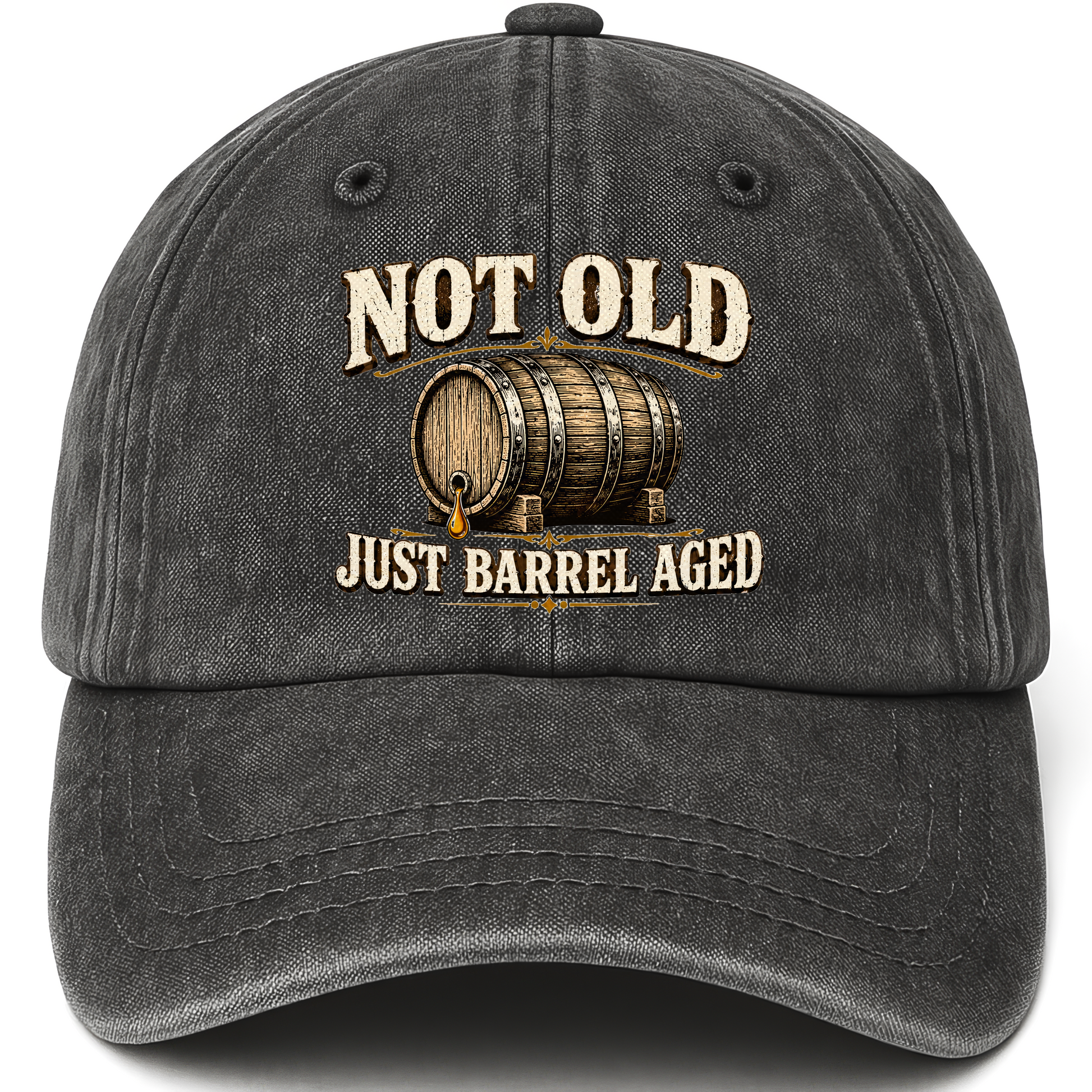 Black vintage washed cap with Not Old, Just Barrel Aged printed front design