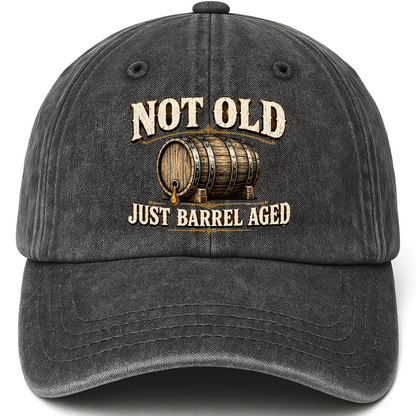 Black vintage washed cap with Not Old, Just Barrel Aged printed front design