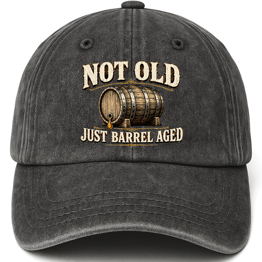 Black vintage washed cap with Not Old, Just Barrel Aged printed front design