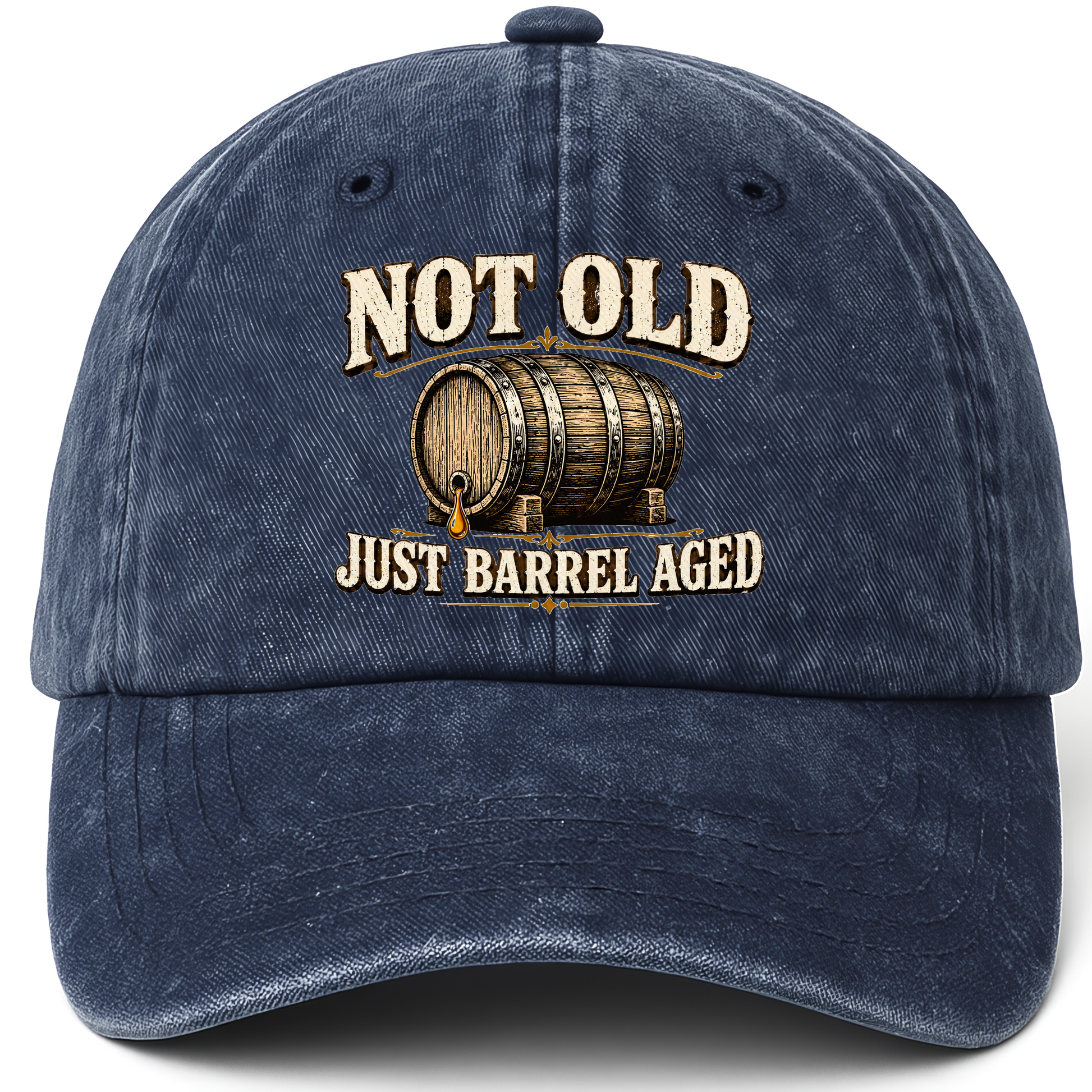 Navy vintage washed cap with Not Old, Just Barrel Aged printed front design