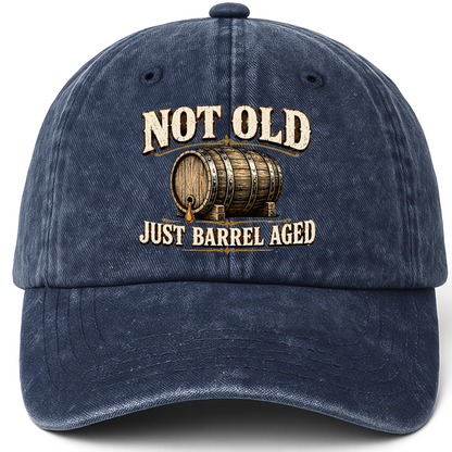Navy vintage washed cap with Not Old, Just Barrel Aged printed front design