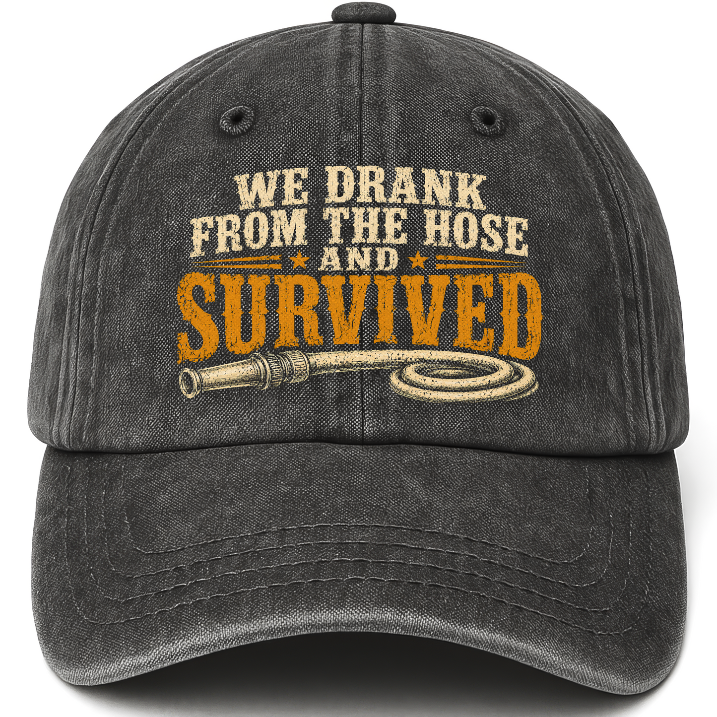 Black vintage washed cap with We Drank From The Hose and Survived printed front design