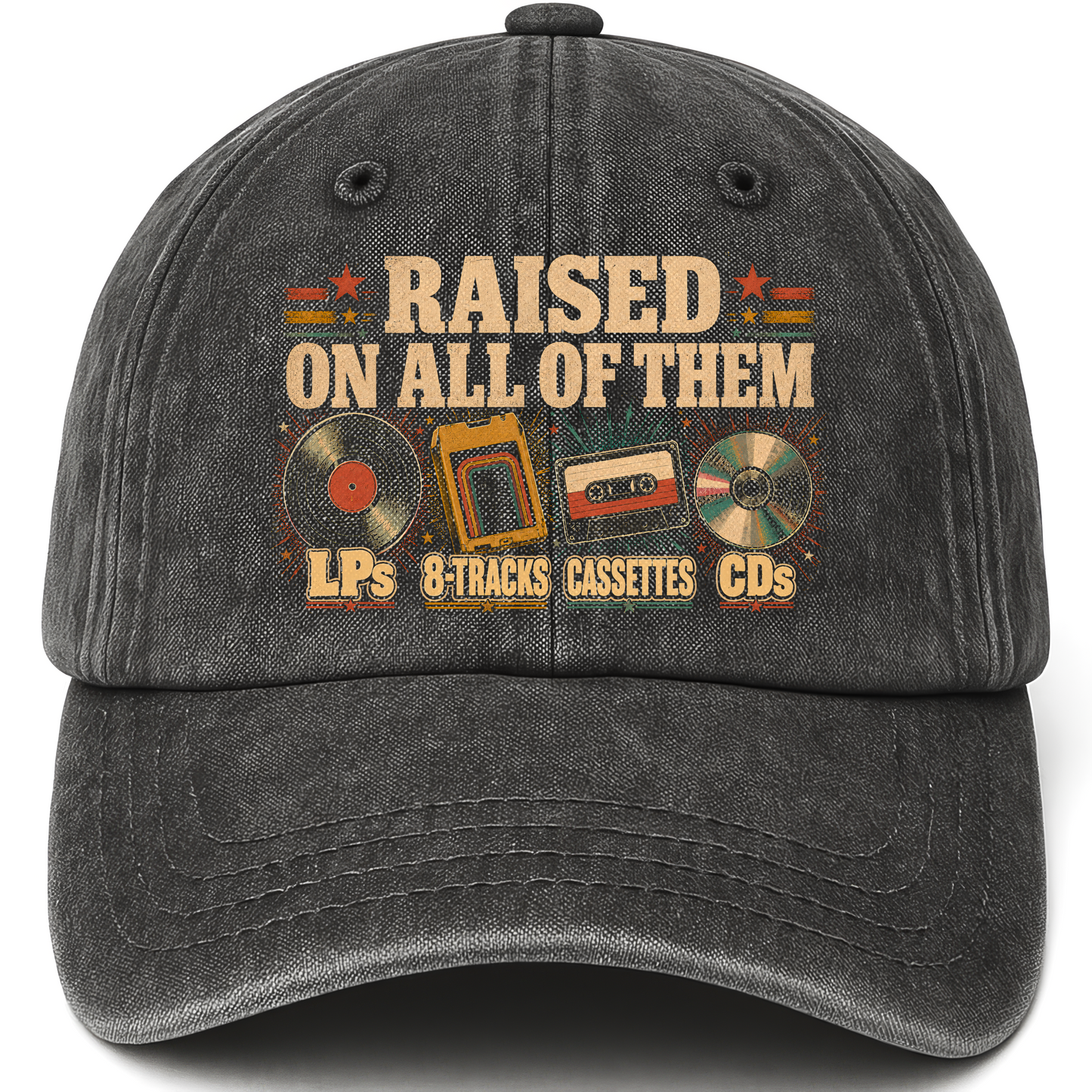 Black vintage washed cap with Raised on All of Them printed front design