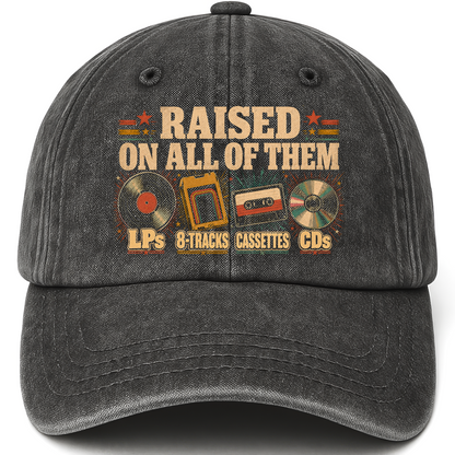 Black vintage washed cap with Raised on All of Them printed front design