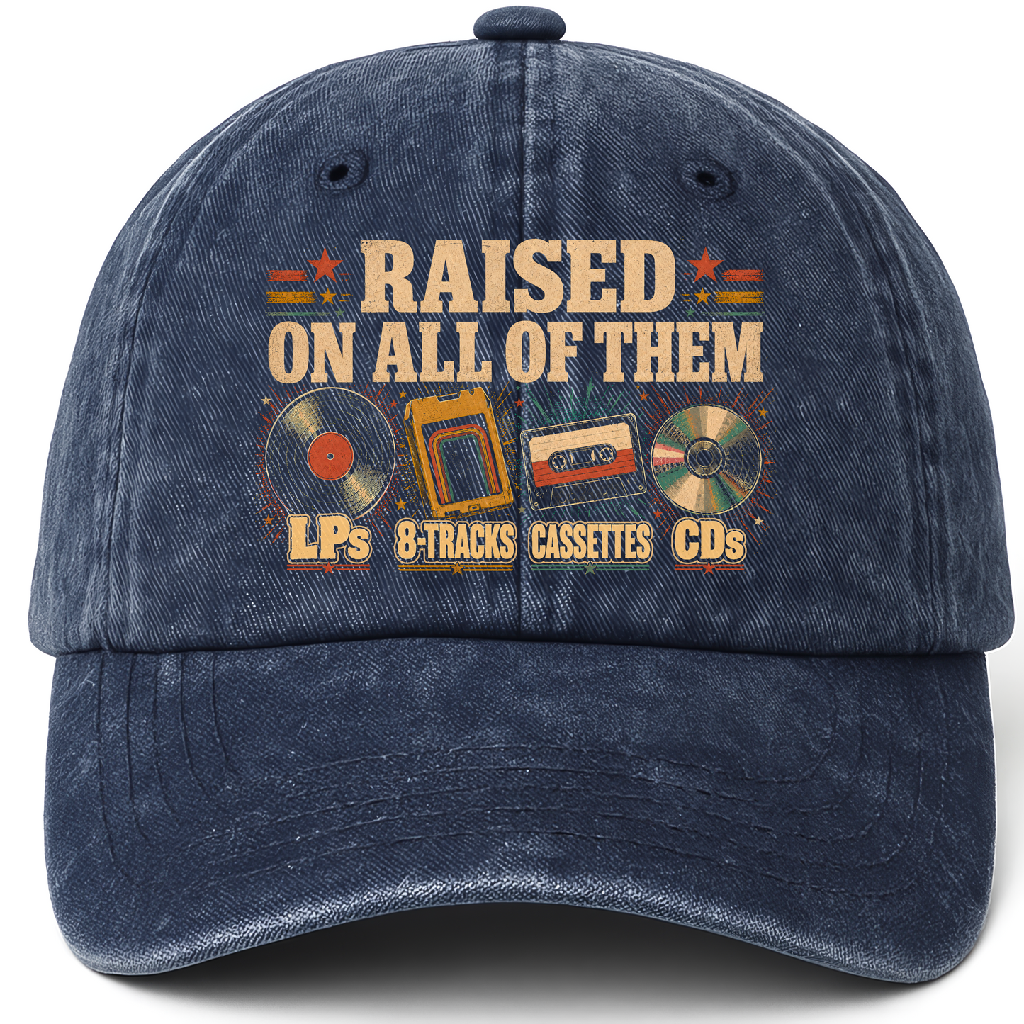Navy vintage washed cap with Raised on All of Them printed front design