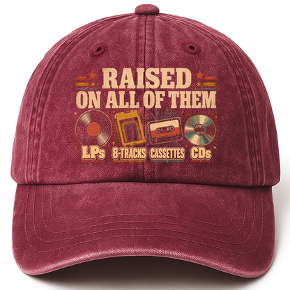 Wine Red vintage washed cap with Raised on All of Them printed front design