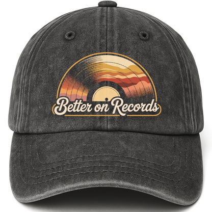 Black vintage washed cap with Better On Records printed front design