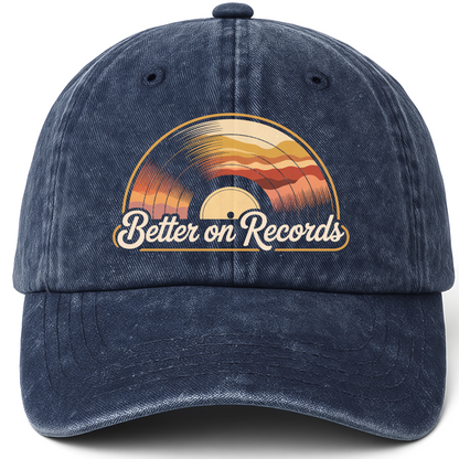 Navy vintage washed cap with Better On Records printed front design