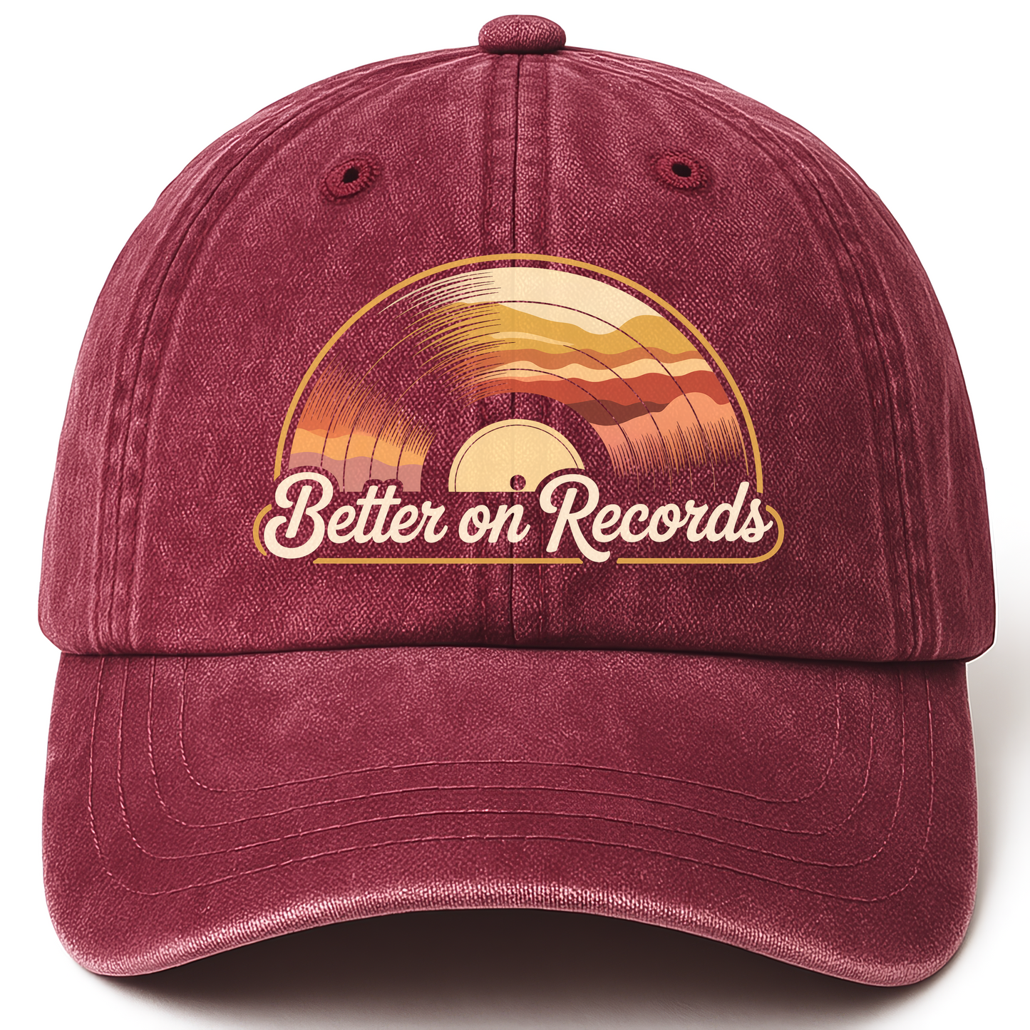 Wine Red vintage washed cap with Better On Records printed front design