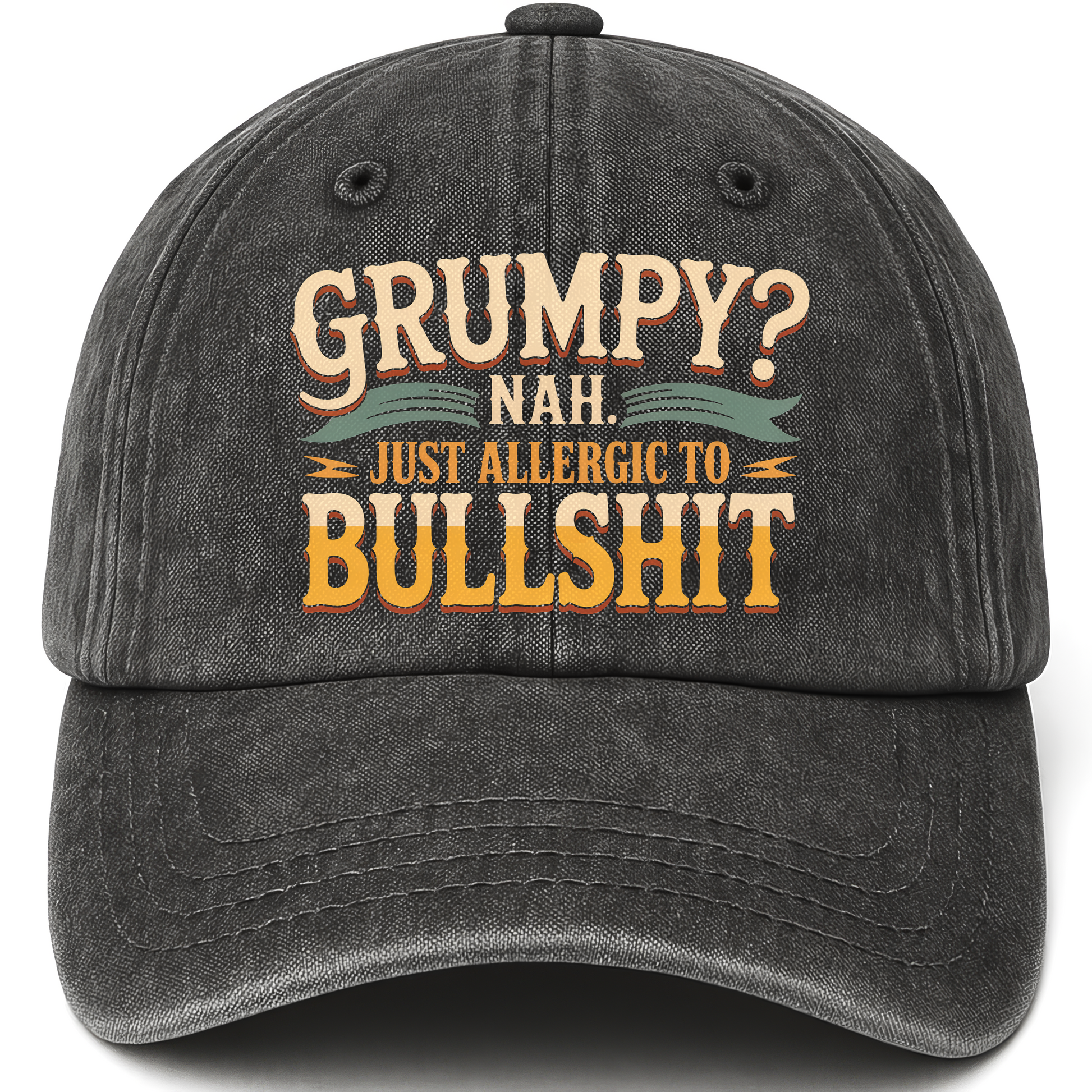 Black vintage washed cap with Grumpy? Nah. Just Allergic to Bullsh*t printed front design