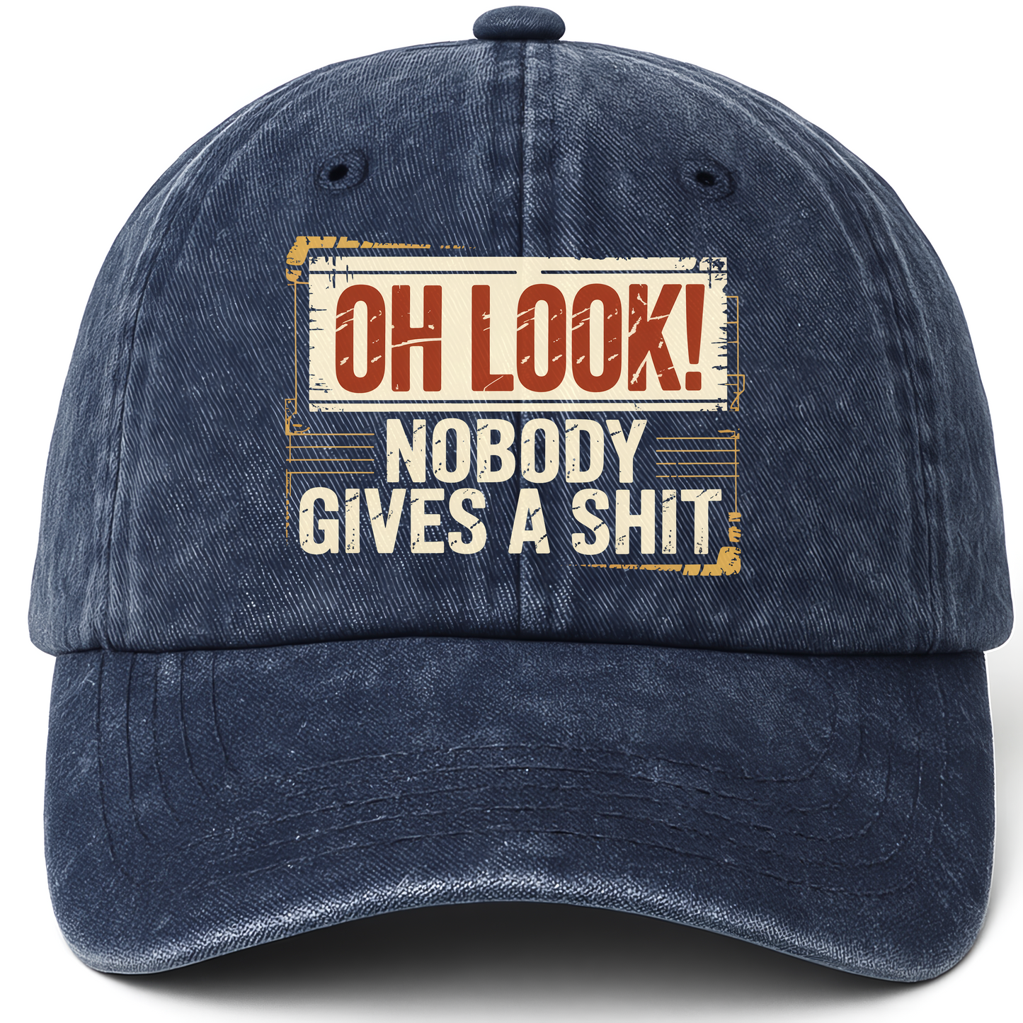 Navy vintage washed cap with Oh Look! Nobody Gives a Sh*t printed front design