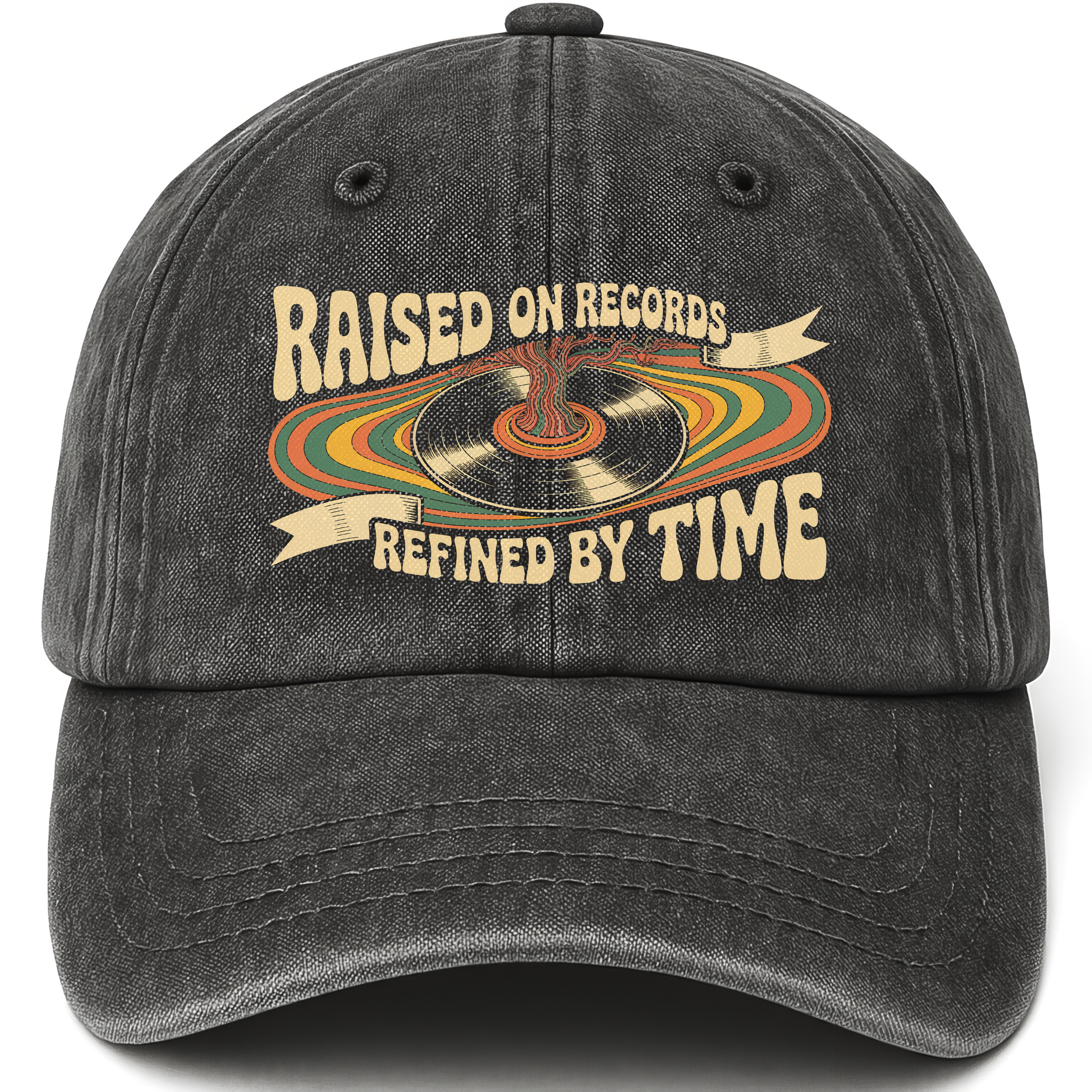 Black vintage washed cap with Raised On Records. Refined By Time printed front design