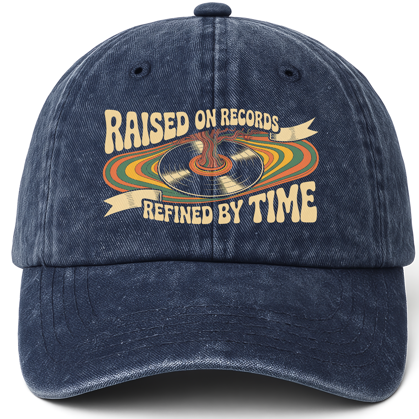 Navy vintage washed cap with Raised On Records. Refined By Time printed front design