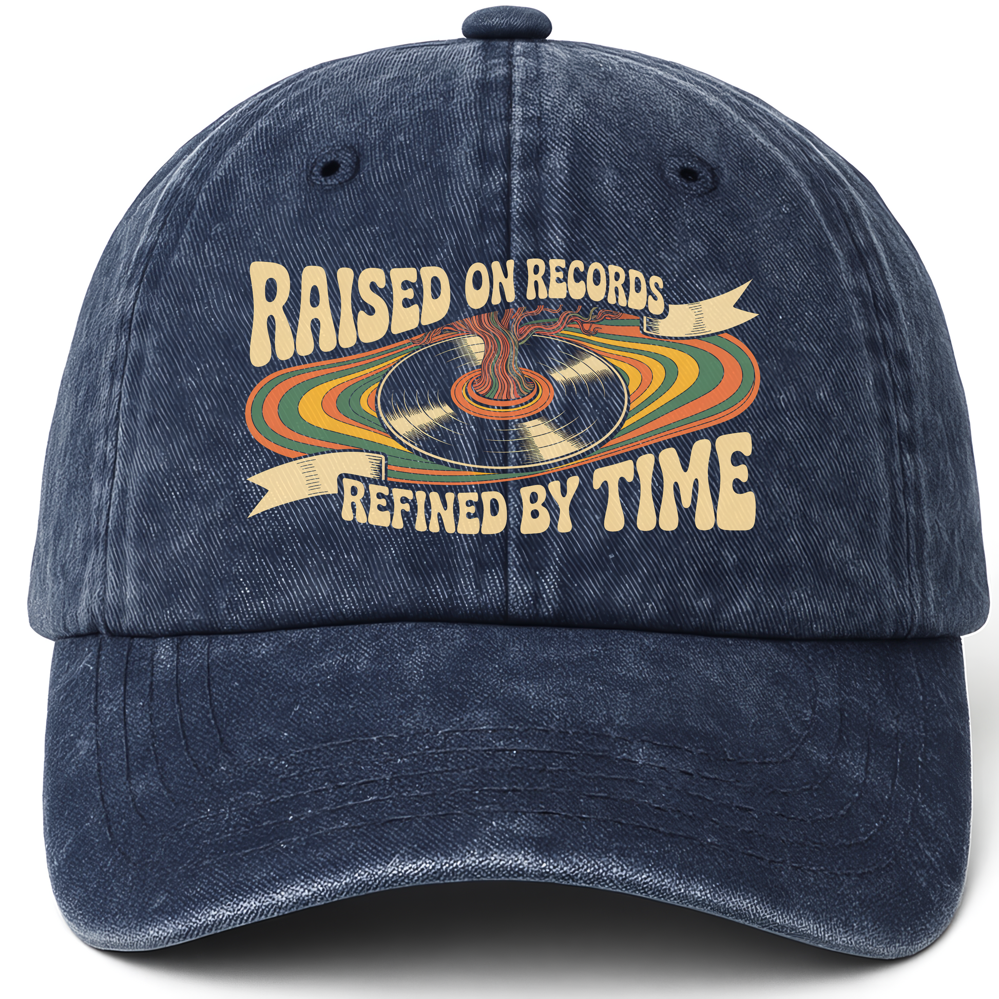Navy vintage washed cap with Raised On Records. Refined By Time printed front design