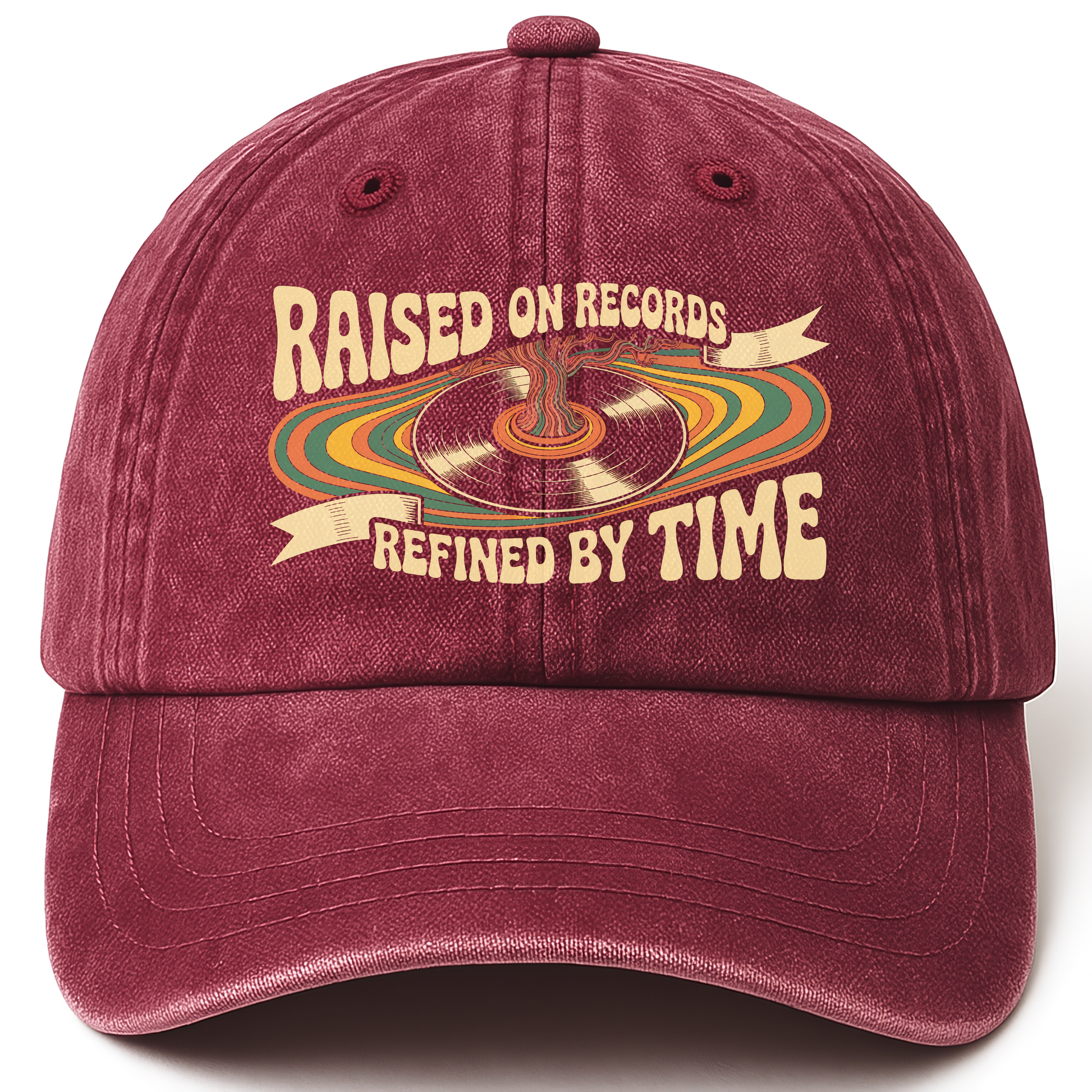 Wine Red vintage washed cap with Raised On Records. Refined By Time printed front design