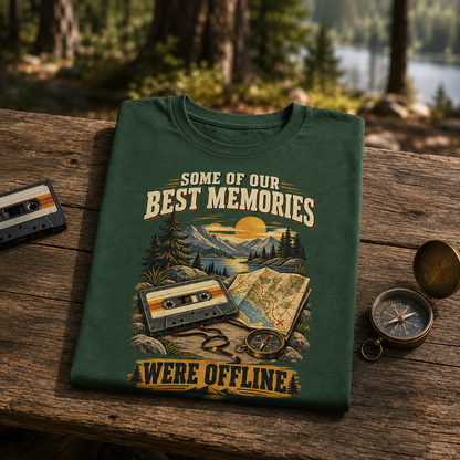 A folded dark green graphic T-shirt is placed on a rustic wooden table outdoors, with a cassette tape, compass, and map nearby. The shirt features a scenic mountain-and-lake print with the text 'SOME OF OUR BEST MEMORIES WE'RE OFFLINE'.