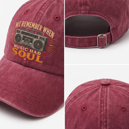 A three-panel product collage showing a dusty burgundy baseball cap. The left panel shows the front with a graphic of a vintage boombox and the text 'WE REMEMBER WHEN MUSIC HAD SOUL' in yellow and orange.
