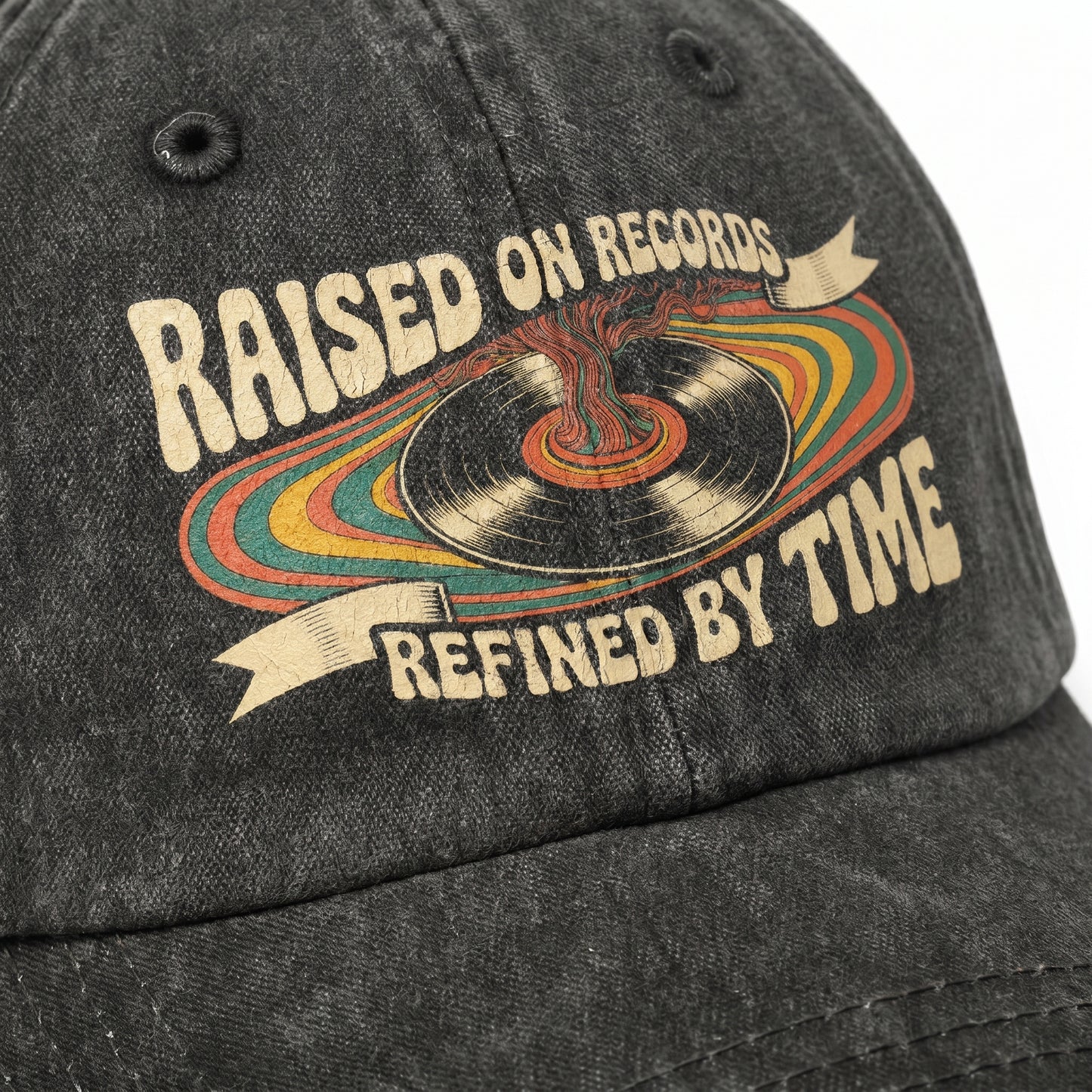 "Raised On Records. Refined By Time" Retro Music Washed Cap
