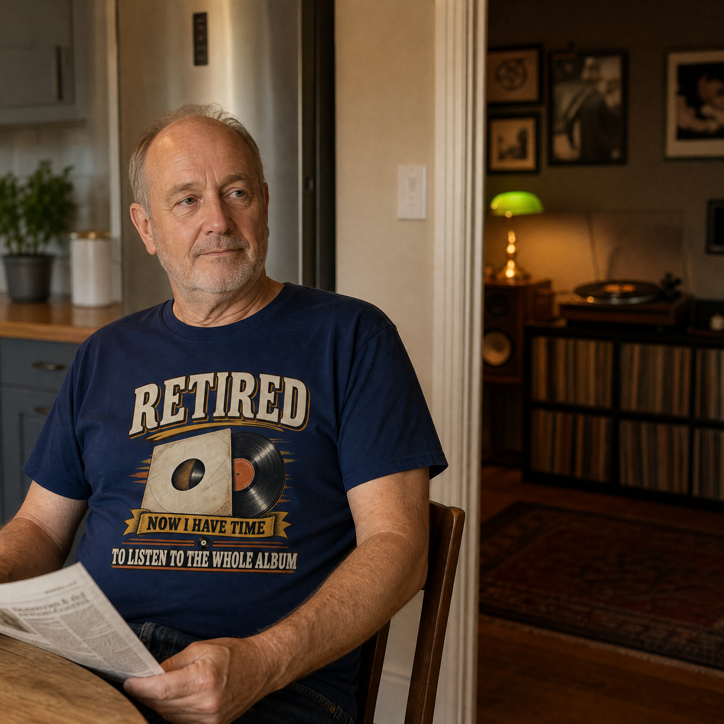 A man sitting at a table in a home interior, wearing a navy blue graphic t-shirt that reads 'RETIRED NOW I HAVE TIME TO LISTEN TO THE WHOLE ALBUM'.
