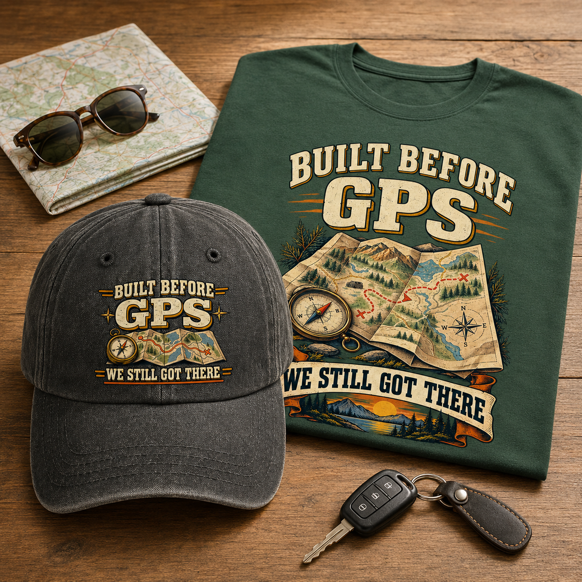A dark forest green graphic T-shirt and a dark charcoal gray baseball cap, both printed with the phrase 'BUILT BEFORE GPS WE STILL GOT THERE' and a map/compass design, arranged on a wooden tabletop with sunglasses, a map, and car keys as props.