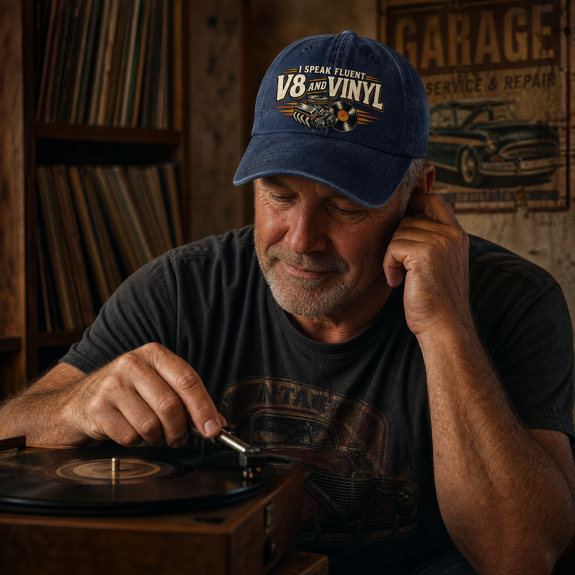 A man wearing a navy blue baseball cap with 'I SPARE FLUENT V8 AND VINYL' embroidered on the front, sitting in a dimly lit room and turning a record on a wooden turntable.
