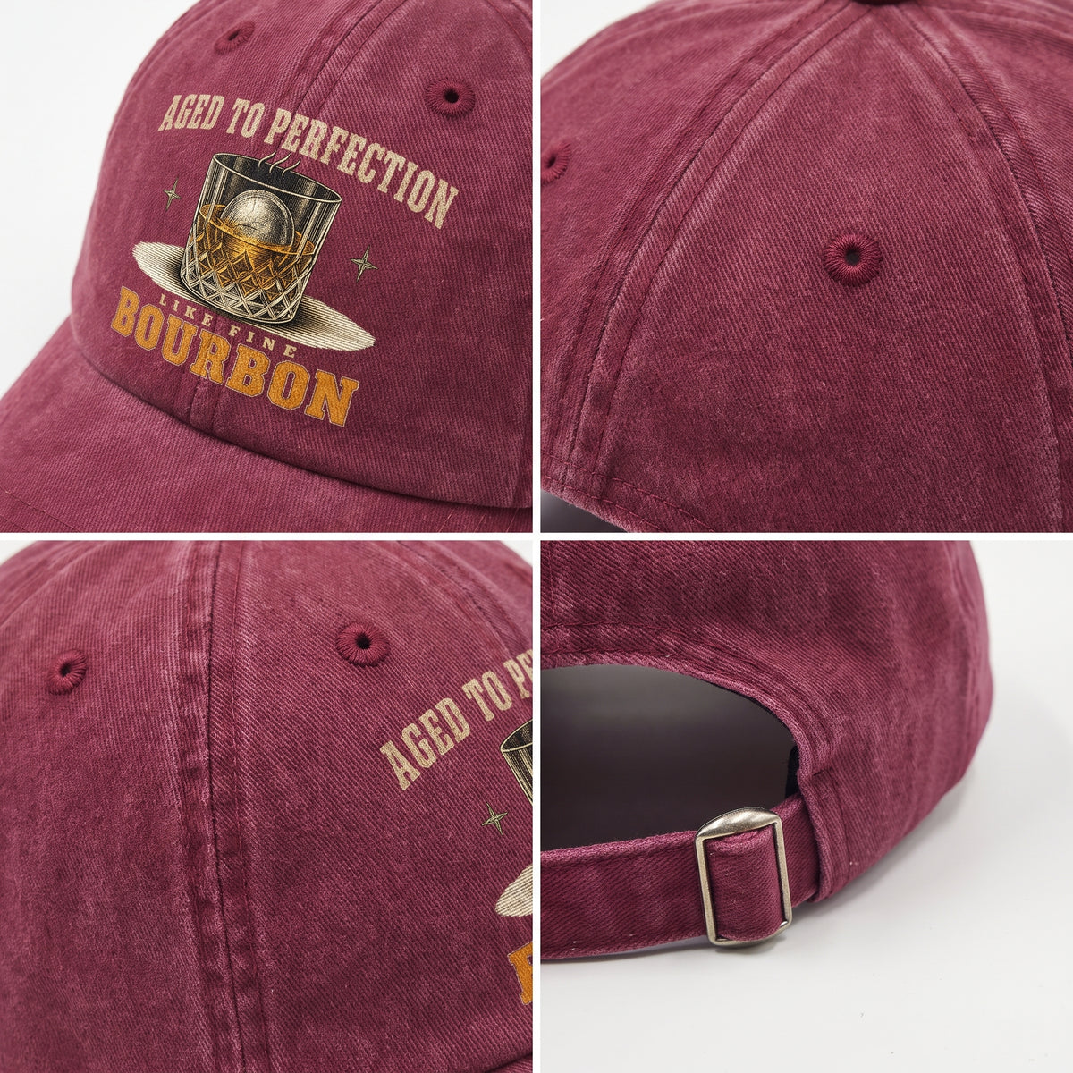 Burgundy bourbon cap detail collage showing crown panels, brim, and back buckle