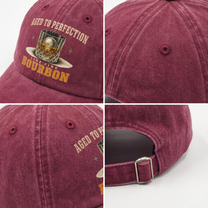 Burgundy bourbon cap detail collage showing crown panels, brim, and back buckle