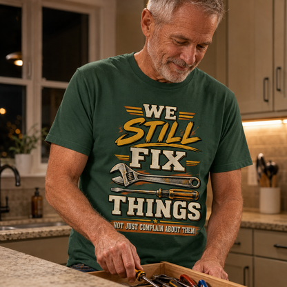 A man in a kitchen wearing a dark green graphic t-shirt that reads 'WE STILL FIX THINGS NOT JUST COMPLAIN ABOUT THEM' with wrench and screwdriver illustrations.