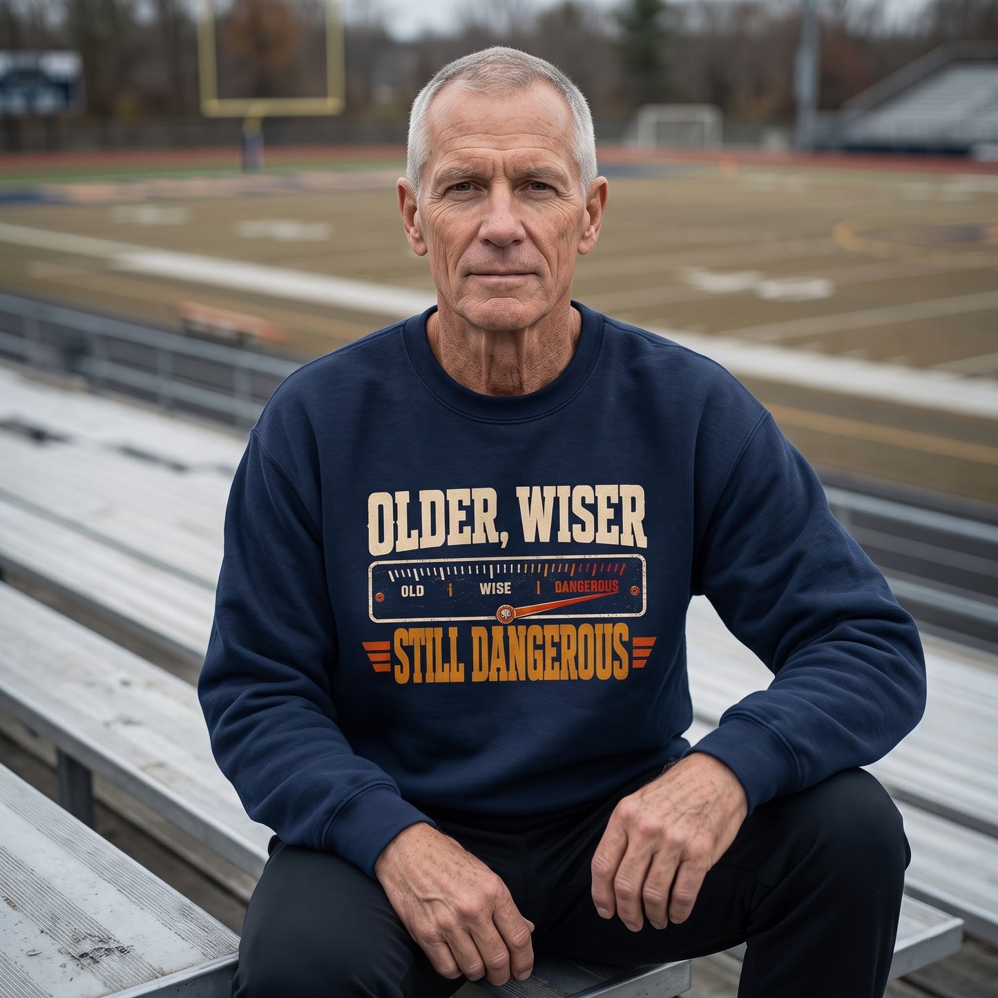 Oldmanism sweatshirt with Older. Wiser. Still Dangerous printed design on front
