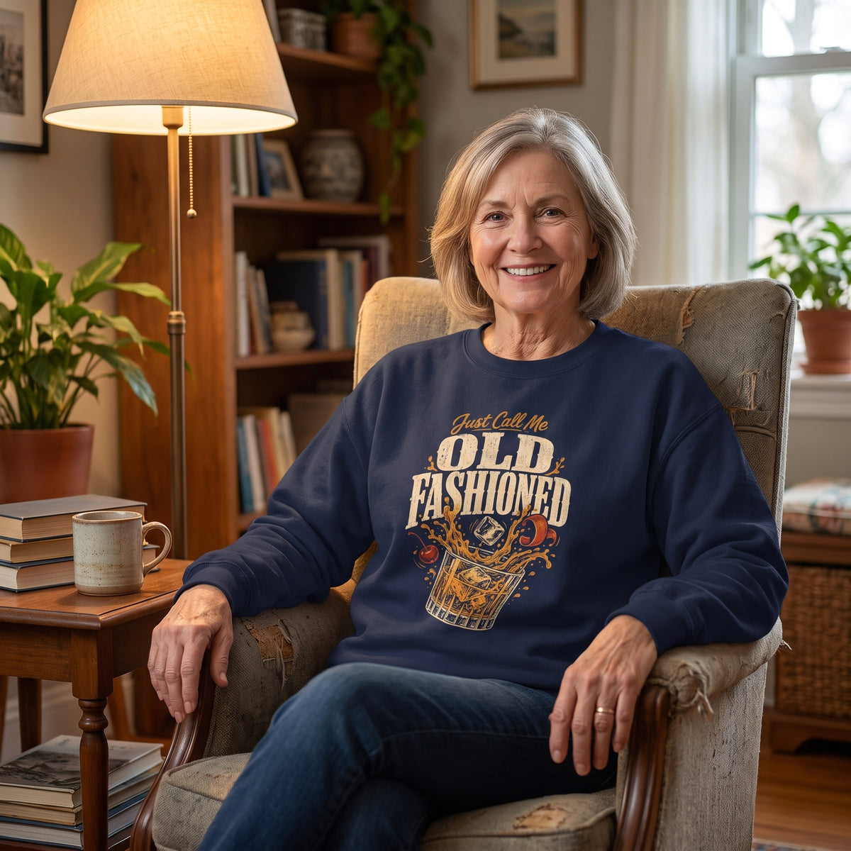 Woman in navy sweatshirt sitting by lamp, books, plant, and mug
