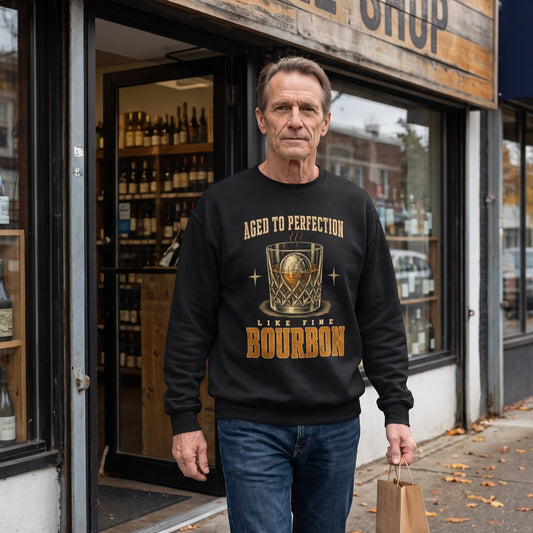 Senior man wearing black bourbon sweatshirt outside a neighborhood bottle shop