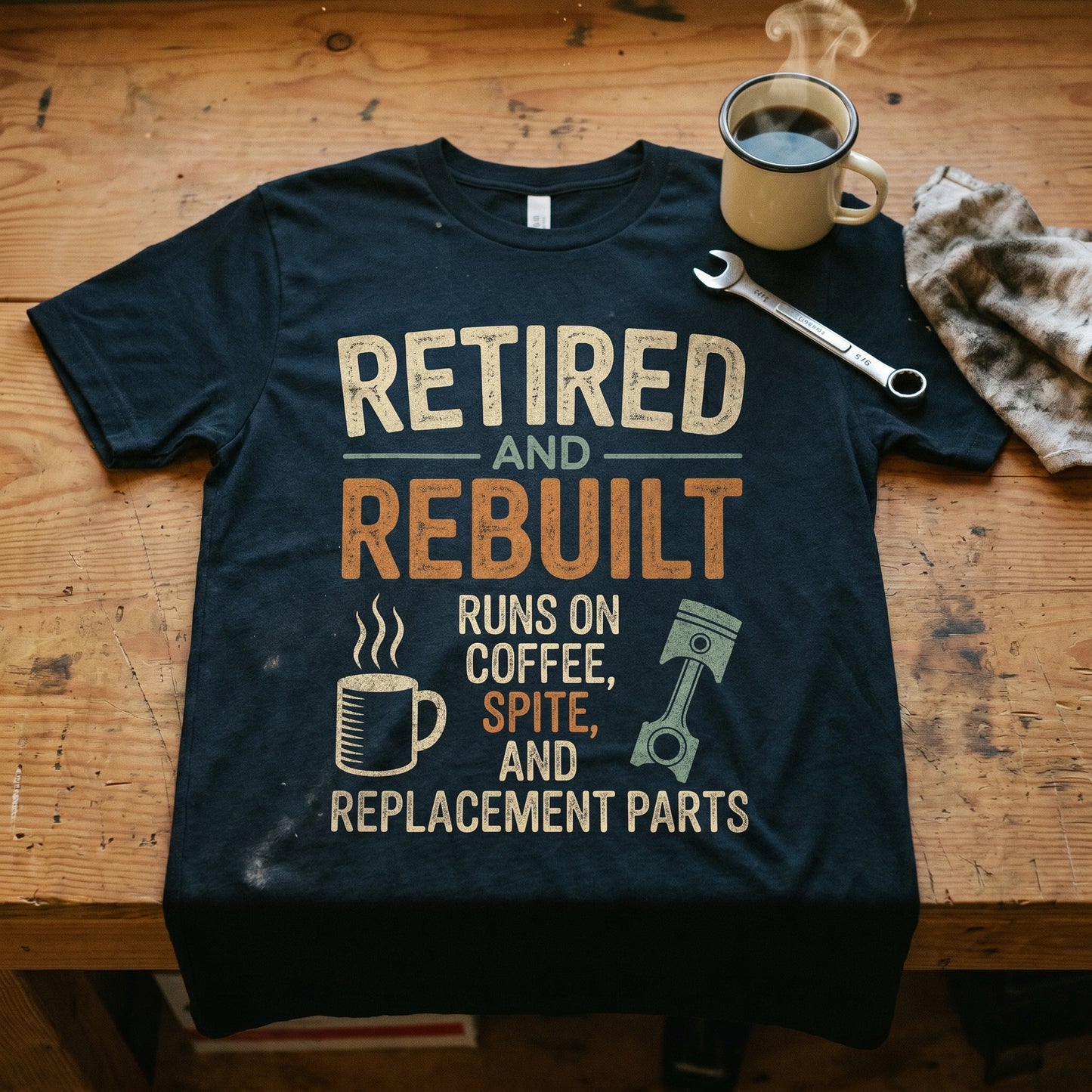 "Retired & Rebuilt. Runs on Coffee, Spite and Replacement Parts" Vintage T-Shirt