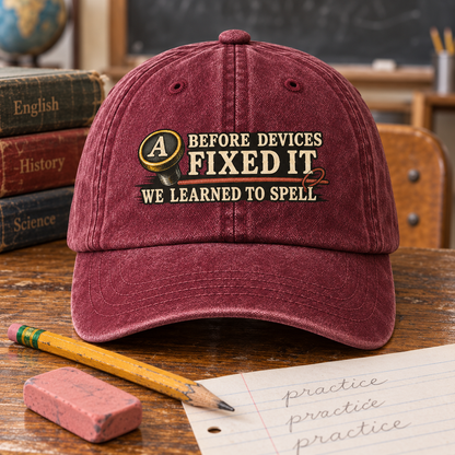 "Before Devices Fixed It. We Learned To Spell" Vintage Washed Cap