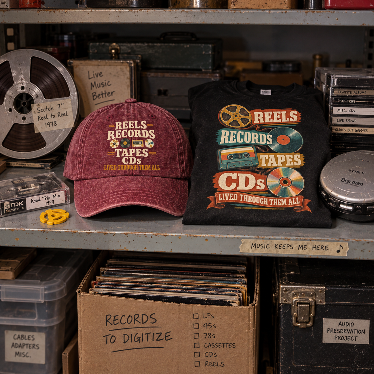 "Reels Records Tapes CDs. Lived Through Them All" Vintage Washed Cap