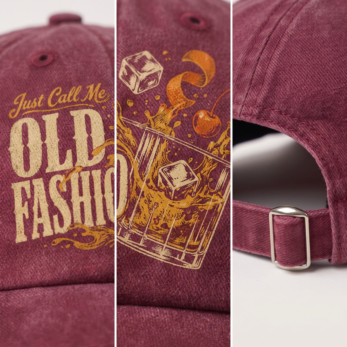 Burgundy washed cap detail collage with front print, side, brim, and strap