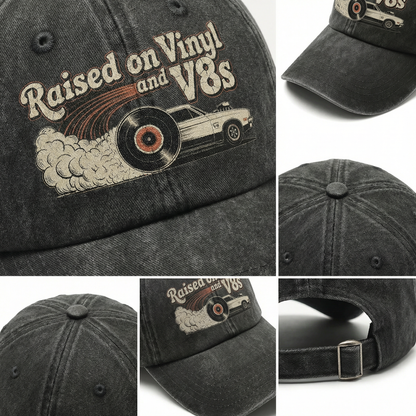 "Raised on Vinyl and V8s" Vintage Muscle Car Cap