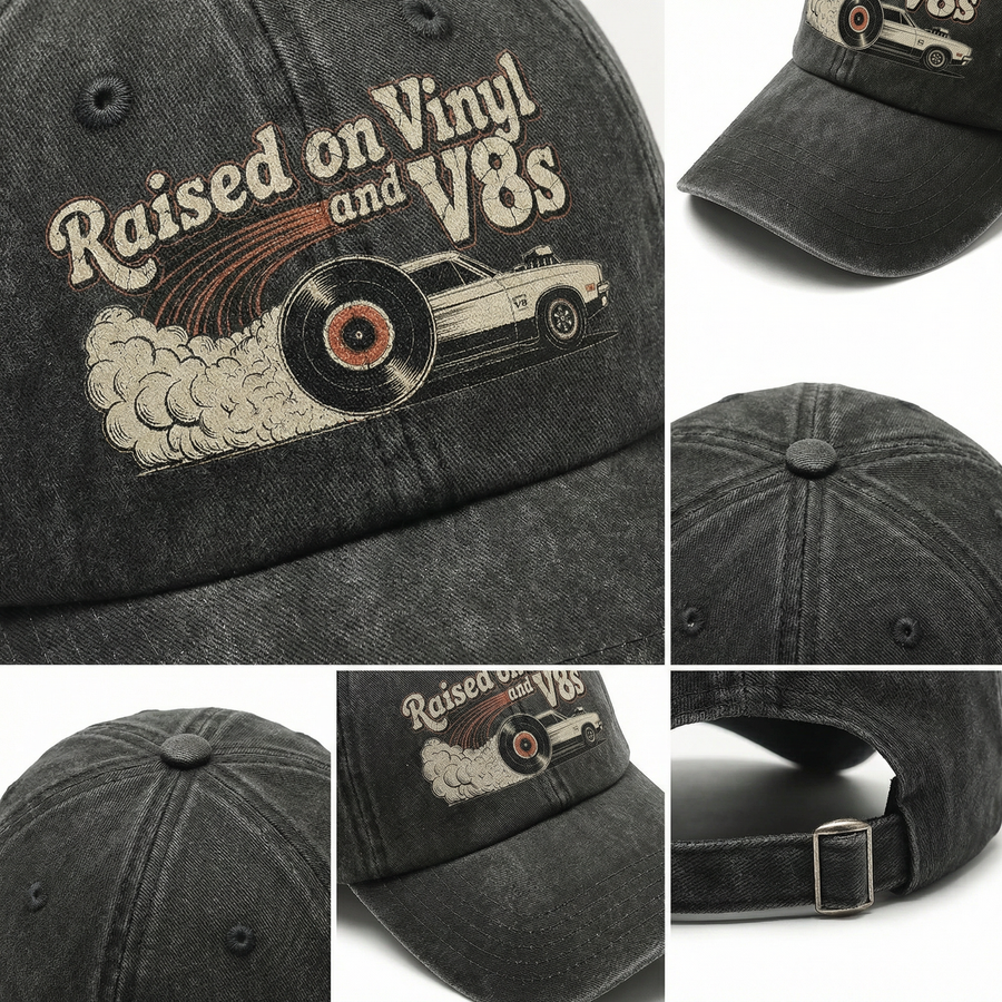Charcoal cap detail collage showing Raised on Vinyl and V8s printed design