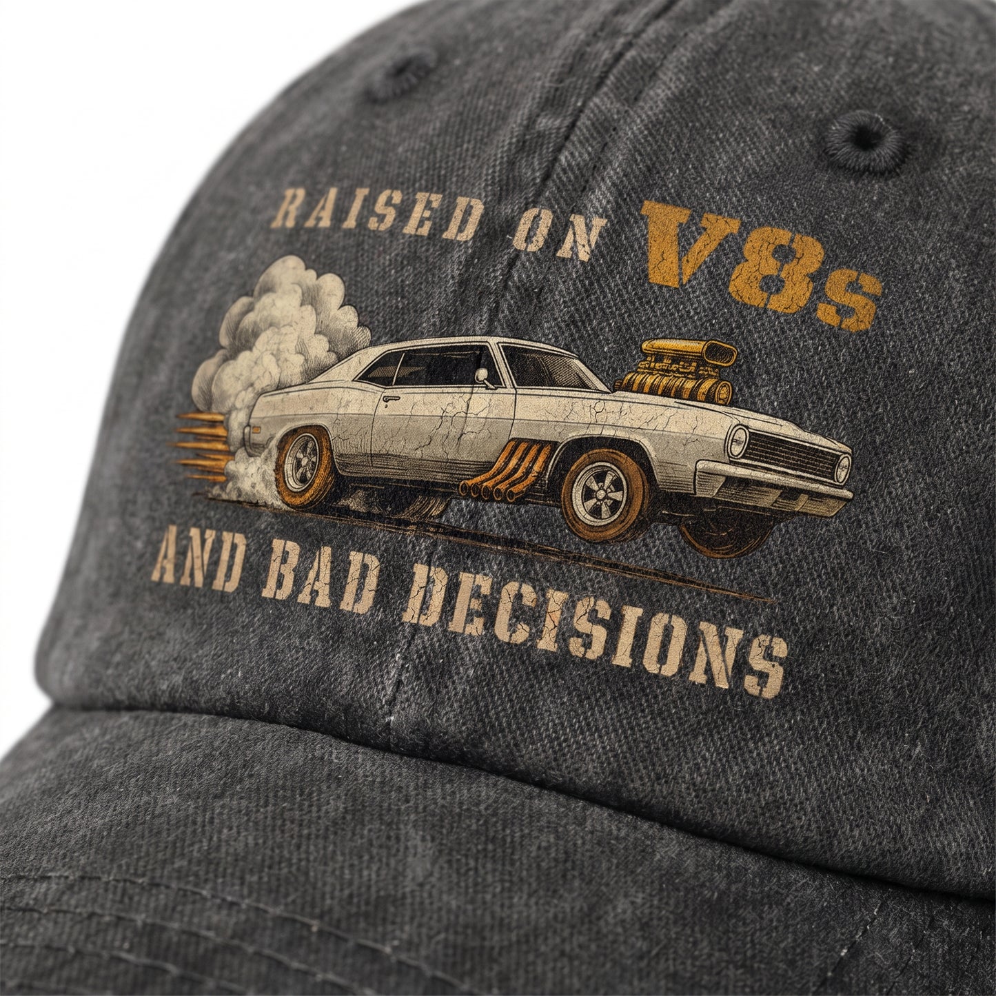 "Raised on V8s and Bad Decisions" Vintage Washed Cap