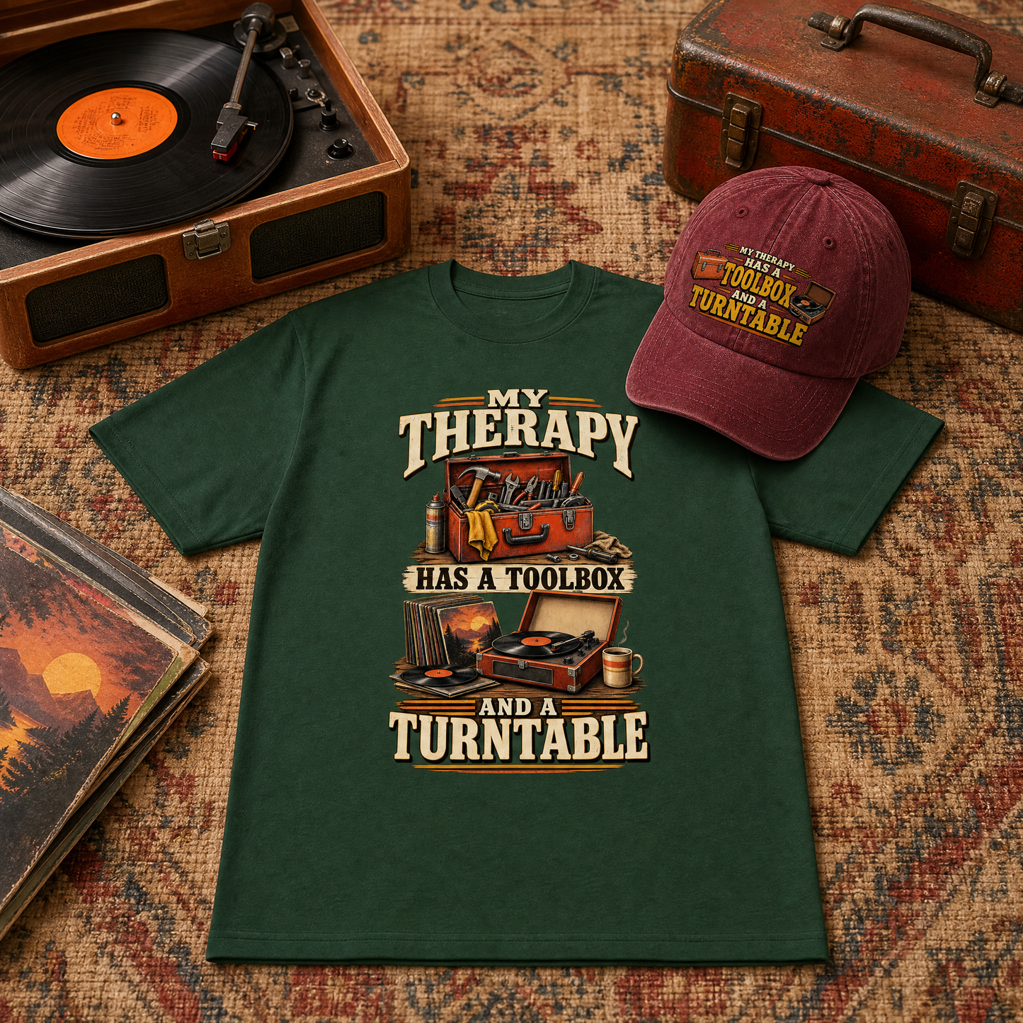 A dark green graphic T-shirt laid flat on a patterned rug, next to a burgundy baseball cap with matching text. The shirt features a vintage-style toolbox and record player graphic with the phrase 'MY THERAPY HAS A TOOLBOX AND A TURNTABLE.