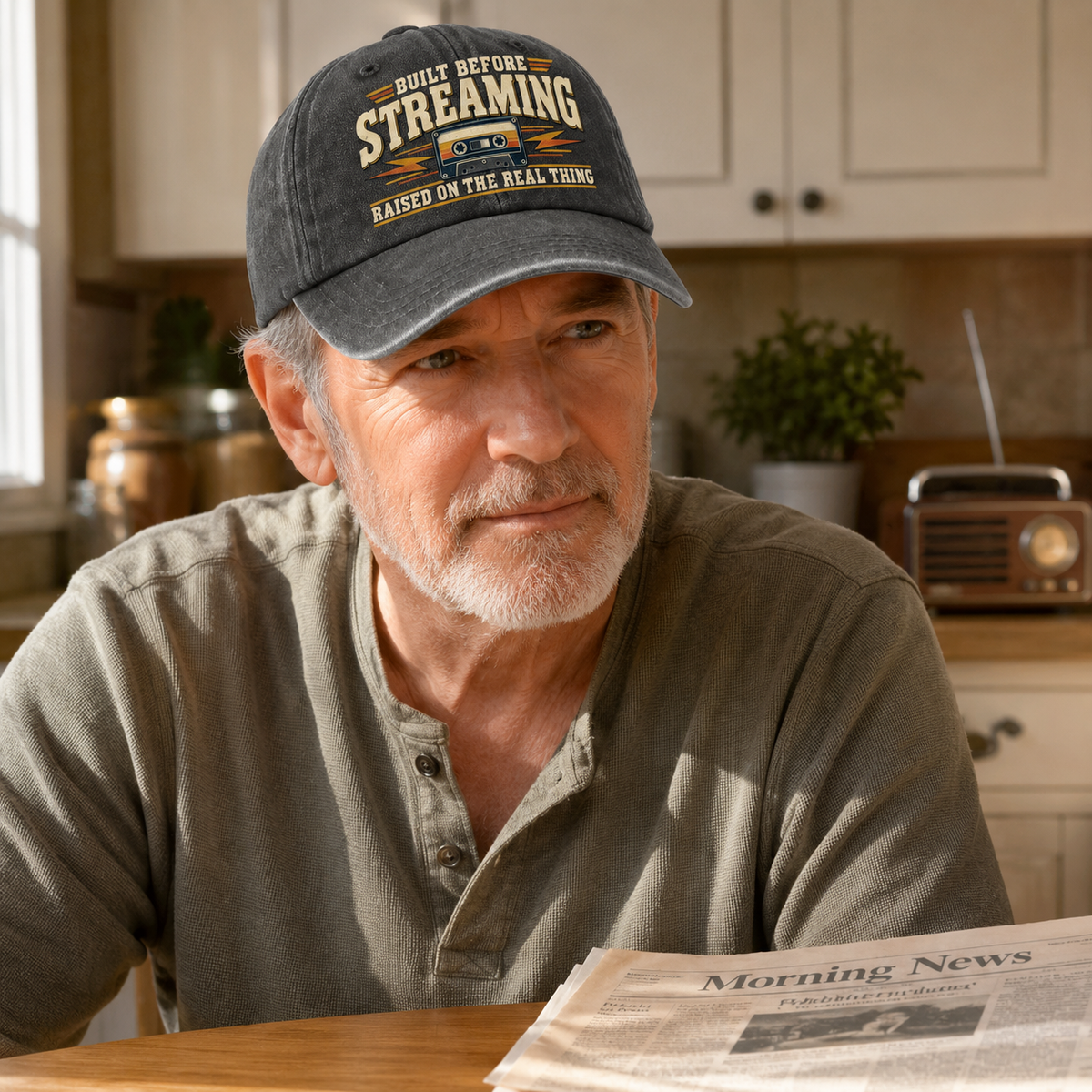 A man in a kitchen setting wearing a dark gray baseball cap with the text 'BUILT BEFORE STREAMING' and 'RAISED ON THE REAL TUGS'.