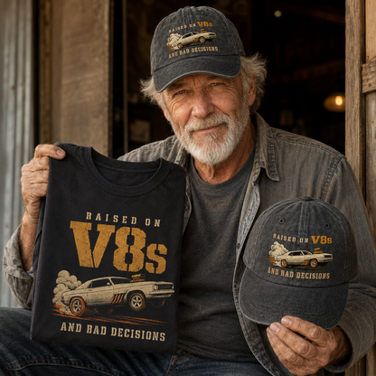 "Raised on V8s and Bad Decisions" Vintage Washed Cap