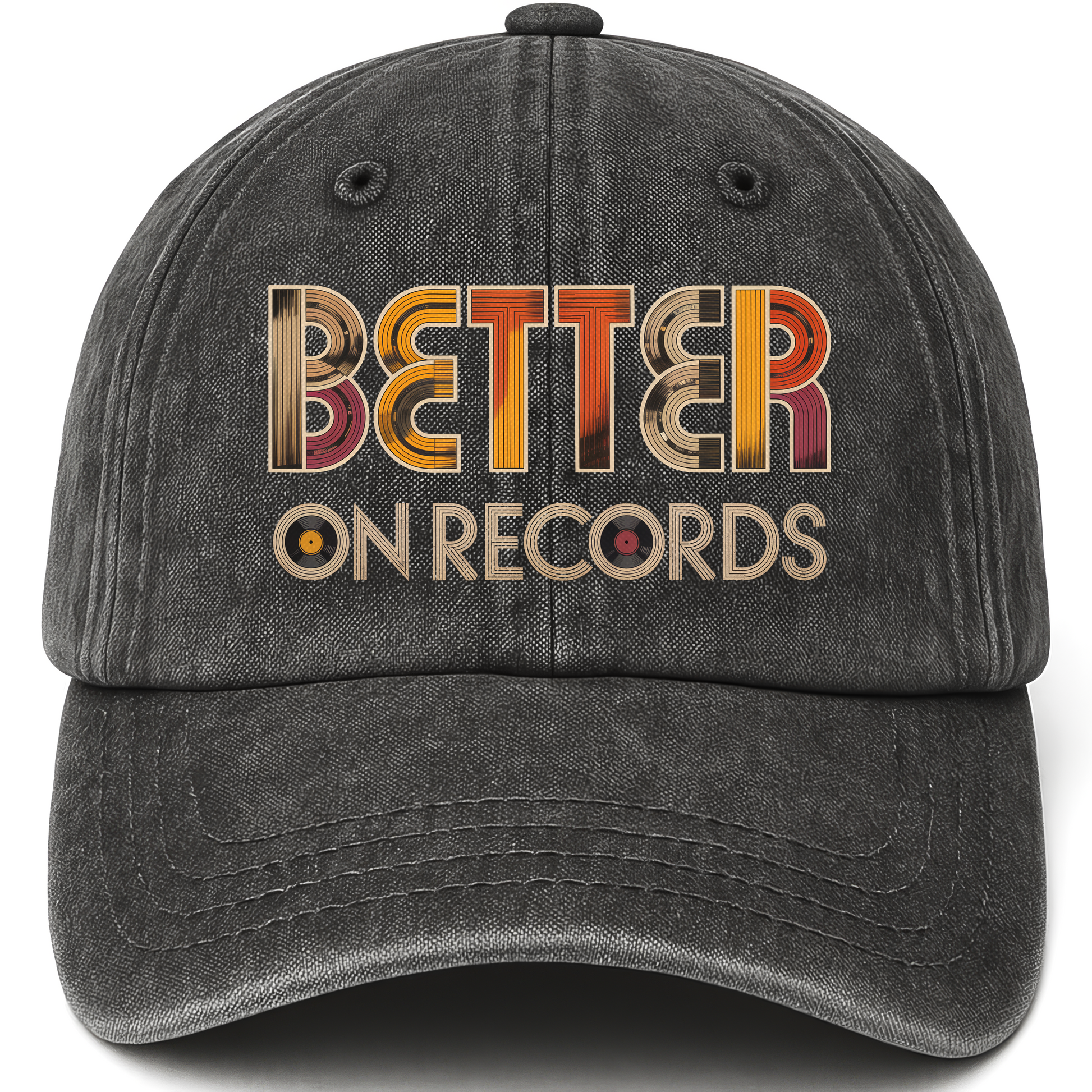 Black vintage washed cap with Better On Records printed front design