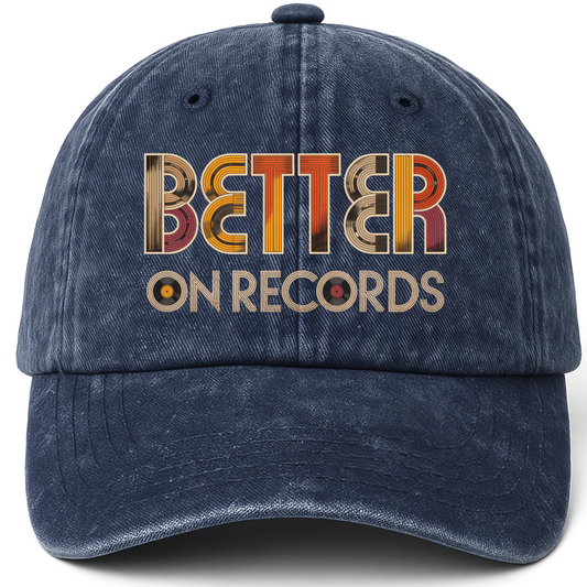 Navy vintage washed cap with Better On Records printed front design