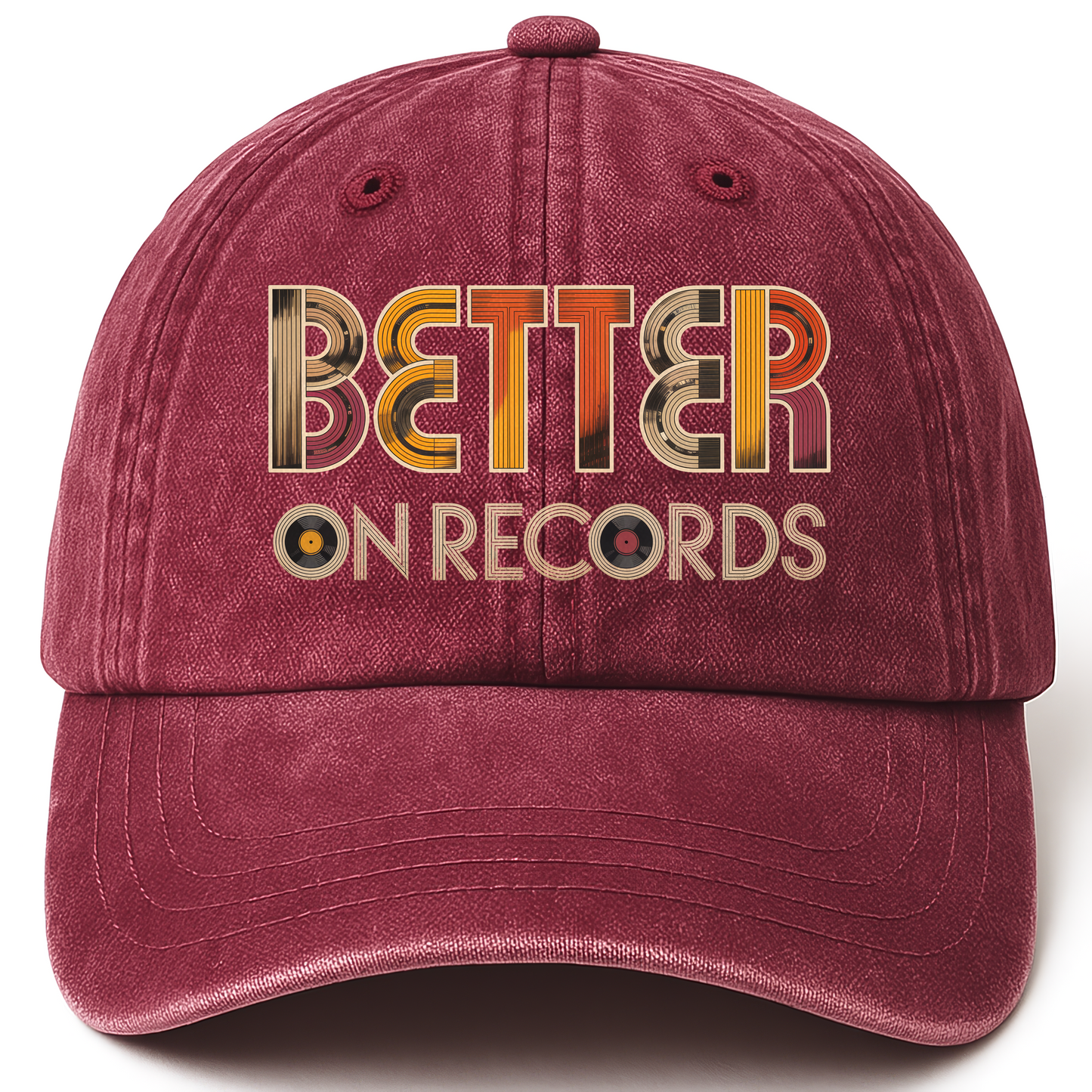 Wine Red vintage washed cap with Better On Records printed front design