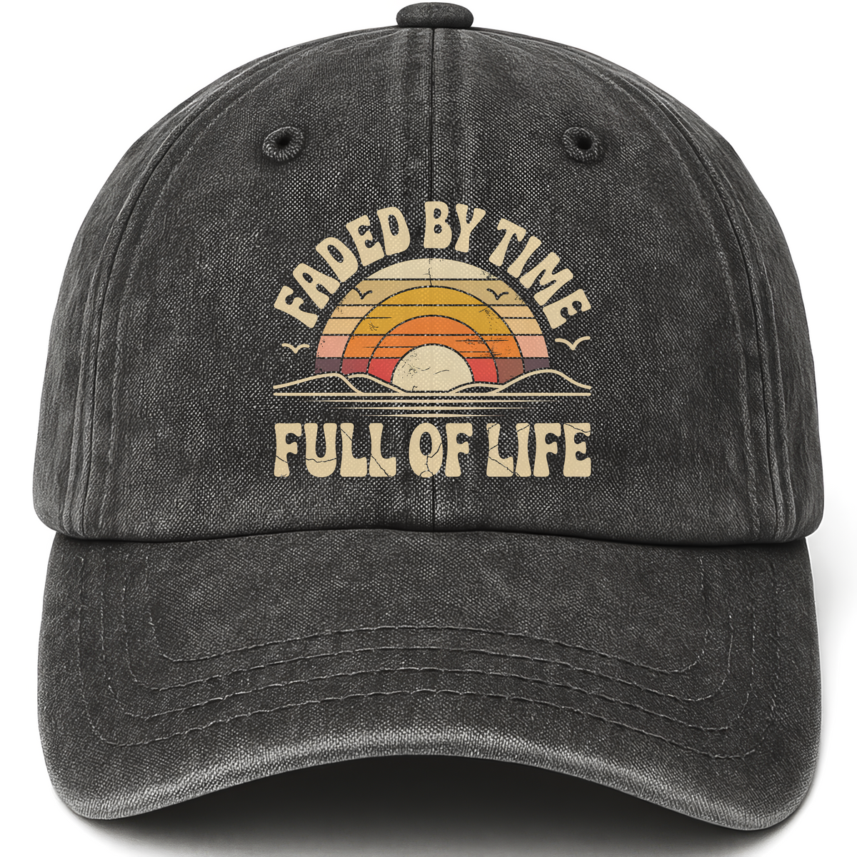 Black vintage washed cap with Faded By Time. Full Of Life printed front design