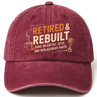 Wine Red vintage washed cap with Retired & Rebuilt. Runs on Coffee, Spite and Replacement Parts printed front design