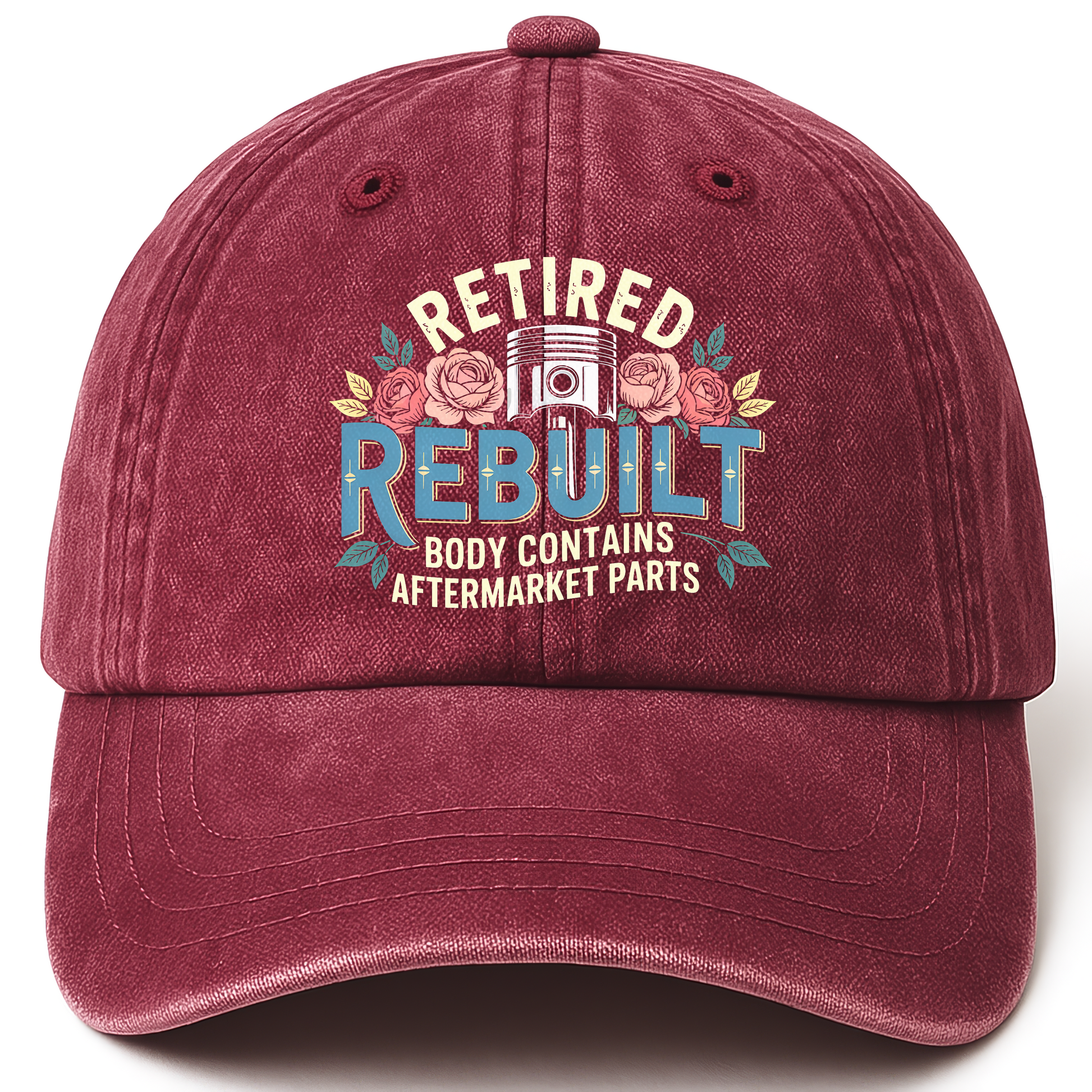 Wine Red vintage washed cap with Retired Rebuilt Body Contains Aftermarket Parts printed front design
